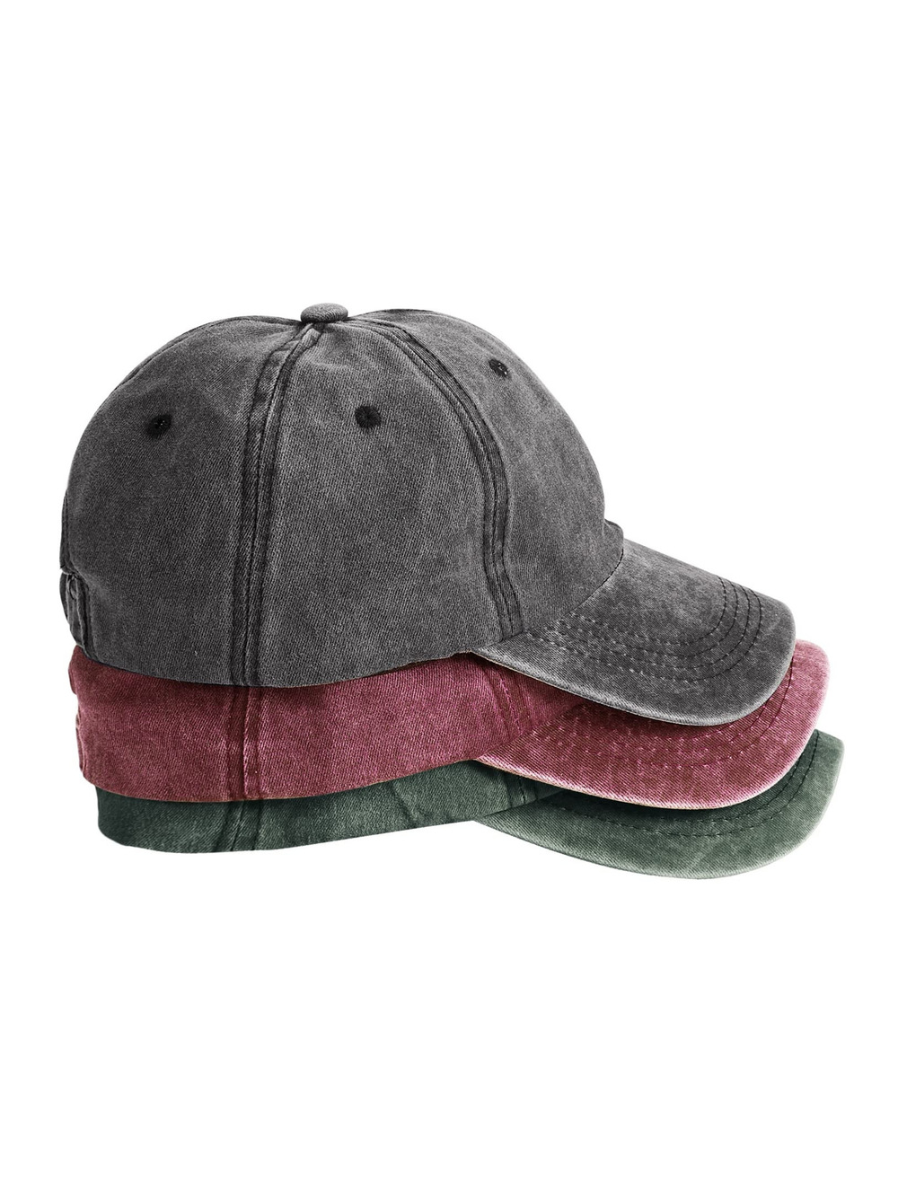 3 Packs Washed-Cotton Plain Baseball Cap | Black, Burgundy, Od Green | Size OS